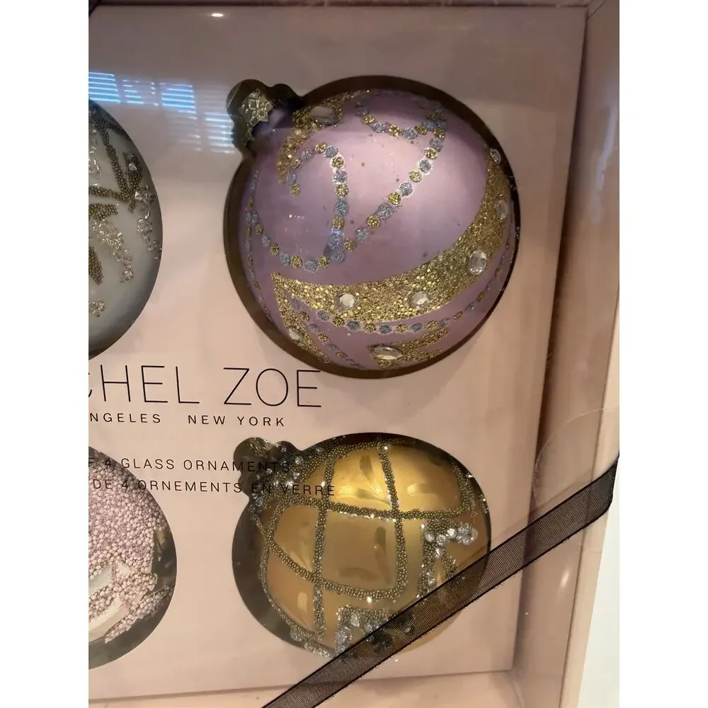 Rachel Zoe Silver Lavender Beaded Round Glass‎ Christmas Ornaments 4 Pc New!!
